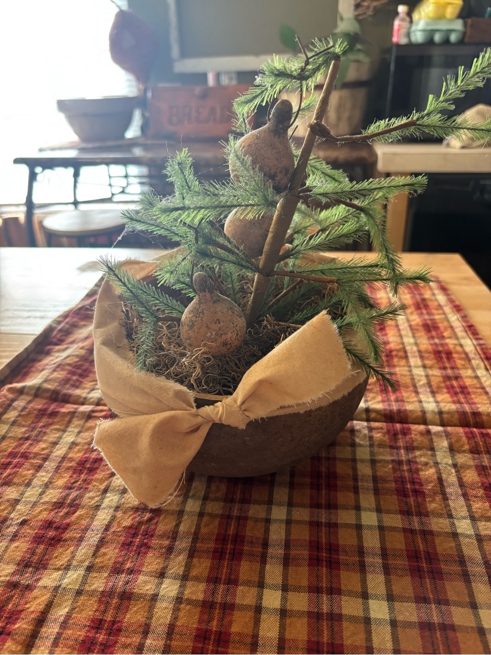 Festive Rustic Mini Christmas Tree Centerpiece - Tan Bow